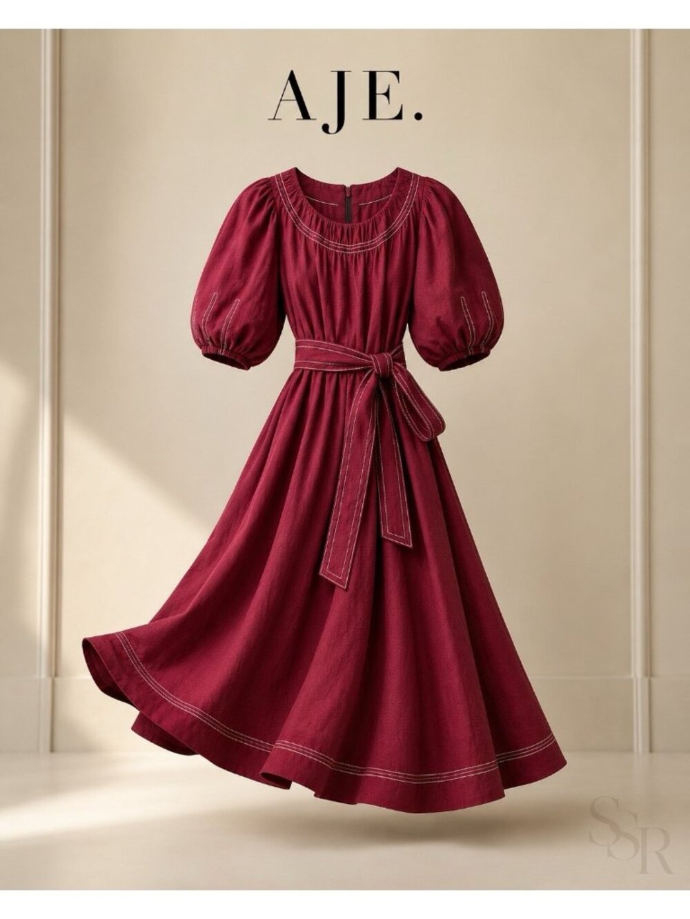 Aje Rebellion Burgundy Silk Linen Blend Contrast Stitch Puff Sleeve Belted Midi2